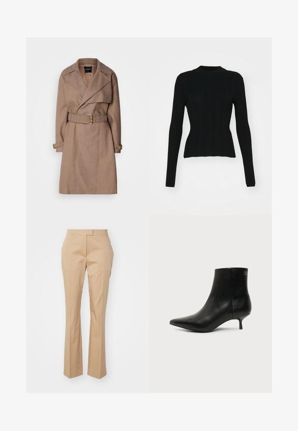 MARCIANO BY GUESS CHRISTINA - Καμπαρντίνα - taupe; Μαύρος ριγωτός πουλόβερ μακρυμάνικο με ψηλό λαιμό και εφαρμοστή σιλουέτα. Το υλικό φαίνεται ελαστικό με κάθετες γραμμές. Κοντύτερη κοπή στο στρίφωμα.; Μπεζ ραμμένες παν trousers με κατευθείαν γραμμή, κατασκευασμένα από λείο ύφασμα, με επίπεδο μπροστινό μέρος και χωρίς ορατές τσέπες.; Μαύρο δερμάτινο μποτάκι γύρω από τον αστράγαλο με μυτερή μύτη και χαμηλό τακούνι σε ανοιχτό φόντο, εμφανίζει την εξωτερική πλευρά.