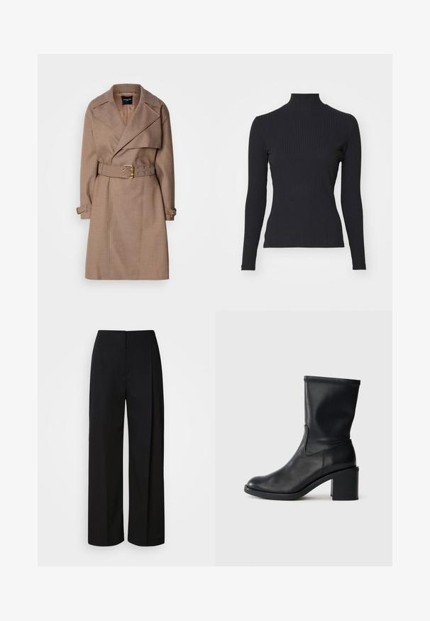 MARCIANO BY GUESS CHRISTINA - Trenchcoat - taupe; Schwarzes, geripptes Rollkragenoberteil mit langen Ärmeln. Aus dehnbarem Stoff mit figurbetonter Passform und hohem Kragen. Einfaches Design ohne Verzierungen.; Schwarze, hoch taillierte, weit geschnittene Hosen mit einer verdeckten Vorderseite, maßgeschneiderten Nähten und einem glatten, strukturierten Stoff.; Schwarze Leder-Ankle Boots mit runder Zehenform, glatter Oberfläche und dicker Absatz, ausgestattet mit einem eng anliegenden Schaft und subtilen Nähten.
