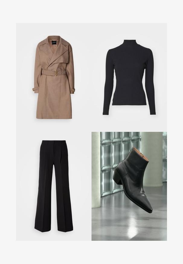 MARCIANO BY GUESS CHRISTINA - Trenchcoat - taupe; Zwarte geribde coltrui met lange mouwen. Gemaakt van rekbare stof met een getailleerde pasvorm en hoge kraag. Eenvoudig ontwerp zonder versieringen.; Zwarte broeken van soepele stof, met een hoge taille, wijde pijpen en twee plooien aan de voorkant voor extra ontwerpelementen.; Zwarte leren enkellaars met een spitse neus en blokhak die zweeft boven een reflecterende grijze vloer nabij een glazen blokmuur.