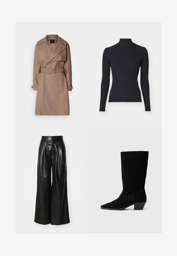 MARCIANO BY GUESS CHRISTINA - Trenchcoat - taupe; Sort ribbet turtle-sweater med lange ærmer. Lavet af strækbart stof med en tætsiddende pasform og høj krave. Enkel design uden udsmykninger.; Sorte faux læder brede bukser med høj talje, plisseret foran og glat tekstur. Har et rent, minimalistisk design.; Sort ruskind ankelstøvle med spidse tæer, mellemhøj skaft og en chunky hæl. Fuldender et minimalistisk design med lidt syninger og en glat tekstur.