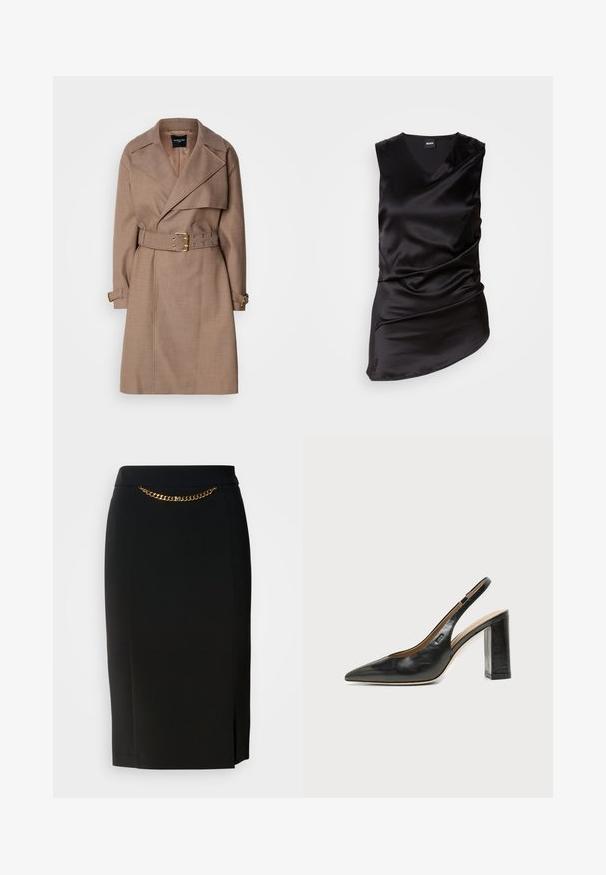 MARCIANO BY GUESS CHRISTINA - Trenchcoat - taupe; Schwarzes, ärmelloses Top aus glattem Satin, mit V-Ausschnitt und drapierter Gestaltung, asymmetrischem Saum und dezent gerüschter Textur.; Schwarzer Bleistiftrock mit einem leichten Schlitz, ausgestattet mit einem goldenen Kettendetail an der Taille. Hergestellt aus einem glatten, dehnbaren Stoff für optimalen Tragekomfort.; Schwarzer Leder-Slingback-Schuh mit spitzer Zehenpartie, Blockabsatz und kleinem Logo an der Seite, vor einfachem weißem Hintergrund.