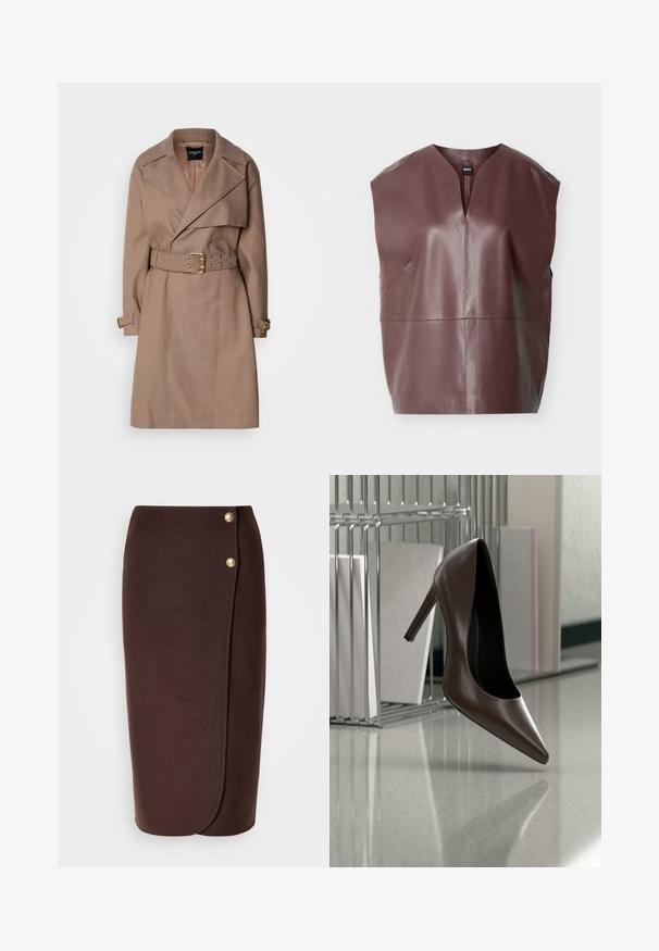 MARCIANO BY GUESS CHRISTINA - Trenchcoat - taupe; Ærmeløs brun lædertop med V-udskæring, strukturerede skuldre og syninger på tværs af bryst og talje.; Brun knælang nederdel lavet af glat stof med en indviklet design. Har to guldtonede knapper foran som lukningsdetalje.; Mørkebrunt læderhæl med høj hæl, der svæver over en reflekterende gulvplade nær en metalhylde med hvide paneler i et rum.
