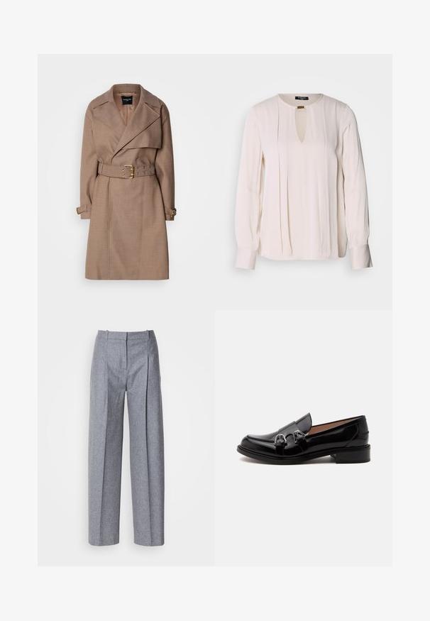 MARCIANO BY GUESS CHRISTINA - Trenchcoat - taupe; Lange-mouwen crèmekleurige blouse met een sleutelgatnek, geplooide voorkant en knoopmanchetten. Soepele, lichte stof.; Lichtgrijze wijdluwe broeken van een gestructureerde stof, met plooien aan de voorkant en een fijne taille. Minimalistisch ontwerp, zonder zichtbare hardware.; Zwarte glimmende leren loafer met dubbele zilveren gespen en lage hak, zijaanzicht op een witte achtergrond.