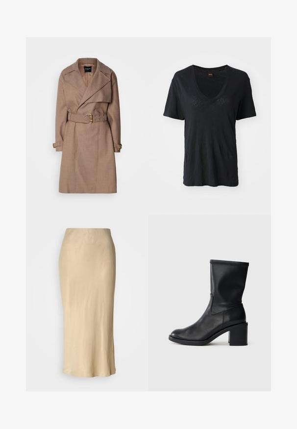 MARCIANO BY GUESS CHRISTINA - Trenchcoat - taupe; Schwarzes kurzärmeliges V-Ausschnitt-T-Shirt aus weichem Stoff, mit lockerer Passform und subtilen Texturdetails auf der Vorderseite.; Beige Satin-Midirock mit glatter, glänzender Textur. Taillierter Bund mit ausgestelltem Saum, minimalistisches Design ohne sichtbare Muster.; Schwarze Leder-Ankle Boots mit runder Zehenform, glatter Oberfläche und dicker Absatz, ausgestattet mit einem eng anliegenden Schaft und subtilen Nähten.