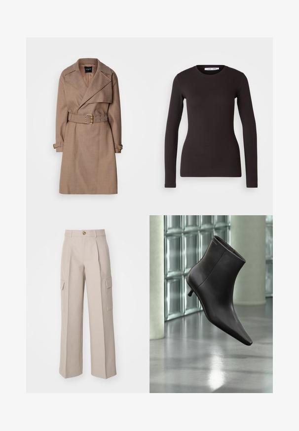 MARCIANO BY GUESS CHRISTINA - Trenchcoat - taupe; Langærmet sort top lavet af blødt, strækbart stof. Har en rund halsudskæring og tætsiddende pasform med en glat tekstur og uden synlige mønstre.; Beige brede bukser lavet af stof, med frontfolder og to sidecargo-lommer. Indeholder en frontknaplukning.; Sort læderankelstøvle med spids tå og lille hæl vist mod en væg af glasblokke og poleret gulv baggrund.