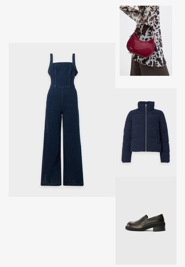 Mørkeblå fløjlspufferjakke med høj krave, fuld frontlynlås og lange ærmer, designet til koldt vejr.; Mørkeblå denim jumpsuit med brede ben, brede skulderstropper og en tætsiddende korsettop med firkantet halsudskæring.; Mørkebrune læder loafers med rund tå, syninger og en moderat blokhæl. Glat tekstur, minimalistisk design.; Kvinde iført en sort- og hvidmønstret bluse, der holder en blank rød skuldertaske mod en ensfarvet baggrund.