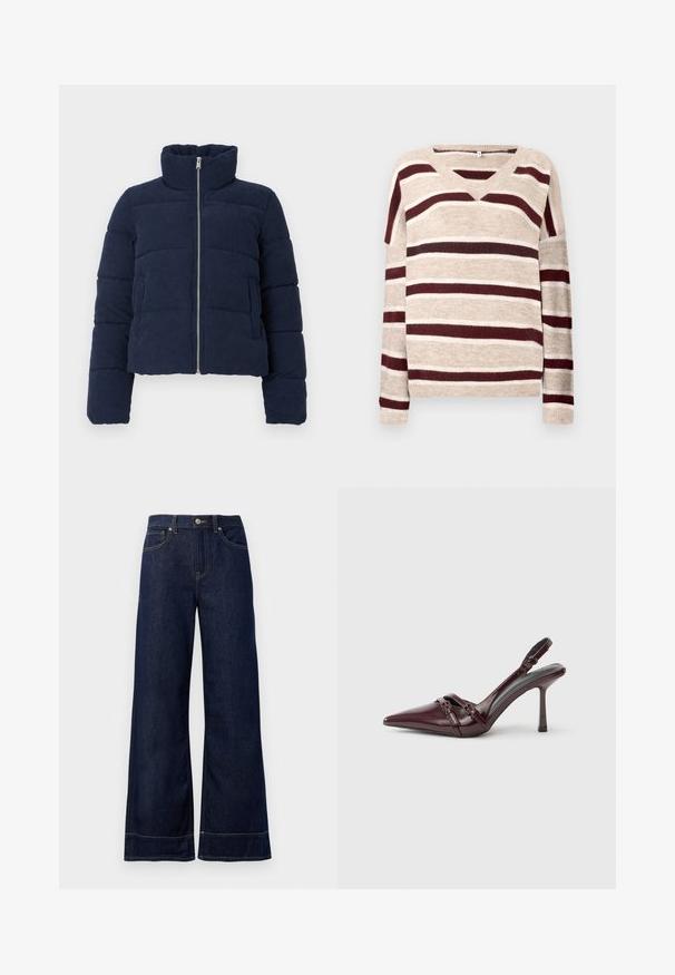 Mørkeblå fløjlspufferjakke med høj krave, fuld frontlynlås og lange ærmer, designet til koldt vejr.; V-hals sweater i beige med mørkerøde og cremefarvede striber. Har lange ærmer og ribkant. Blød tekstur og afslappet pasform.; Mørkeblå brede jeans lavet af denim. Har en knaplukning, stikninger og sidelommer. Udfoldet nederste kant.; Bourgogne laklæder slingback-hæl med spids tå, tynd ankelrem og lille dekorativ spænde. Glat tekstur og høj hæl.