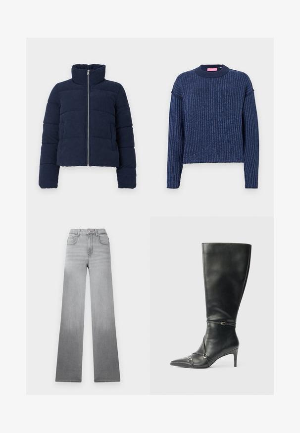 Mørkeblå fløjlspufferjakke med høj krave, fuld frontlynlås og lange ærmer, designet til koldt vejr.; Marineblå, strikket sweater med ribbet tekstur, lange ærmer og rund halsudskæring. Har en subtil farvevariation gennem hele materialet.; Grå jeans med en falmet ombré-effekt, højtaljet design, klassisk fem-lomme stil og lige, brede ben lavet af denimstof.; Sorte knæhøje støvler i læder med en slank hæl, spids tå og remdetaljer ved anklen. Glat tekstur og tætsiddende design.