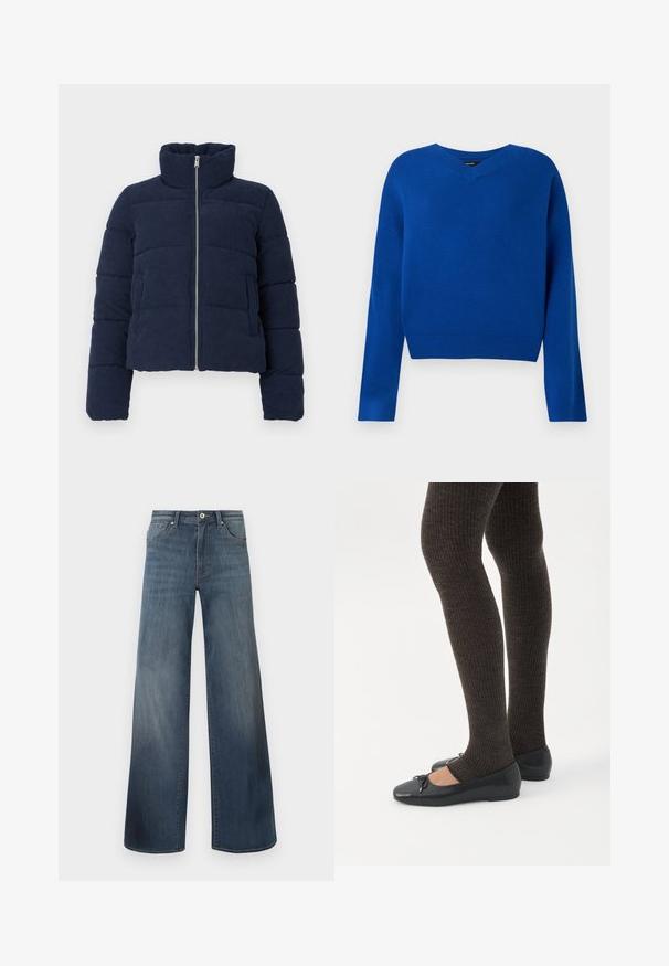 Mørkeblå fløjlspufferjakke med høj krave, fuld frontlynlås og lange ærmer, designet til koldt vejr.; V-hals, langærmet sweater i lys blå, lavet af blødt strikstof. Har ribbet kant og manchetter, med en afslappet pasform og minimal syning.; Bredde denim jeans i mørkeblå, med en slidteknik, knaplukning og fem-lomme stil. Glat tekstur, minimal syning detaljer.; Ben iført mørke ribbede leggings kombineret med sorte balletsko med små sløjfedetaljer på hvid baggrund.