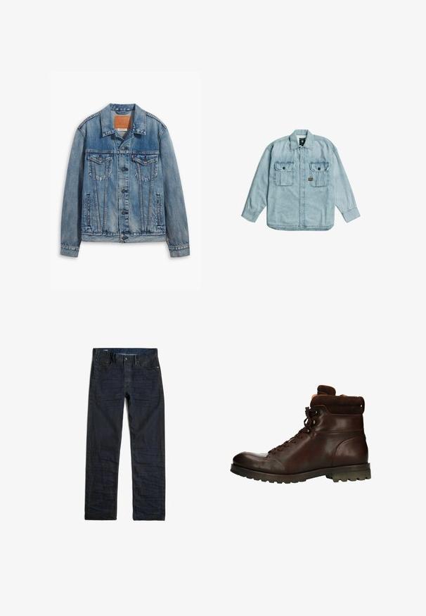 Lichtblauwe denimjack met een klassiek ontwerp, knoopsluiting, twee borstzakken en een leren merkpatch op de kraag.; Lichtblauw denim shirt met lange mouwen, kraag, knoopsluiting aan de voorkant en twee borstzakken met knopen op een witte achtergrond.; Donkerblauwe recht model denim jeans met voorzakken en knoopsluiting, plat liggend afgebeeld op een witte achtergrond.; Manfield MIT HOHEM SCHAFT - Veterboots - brown