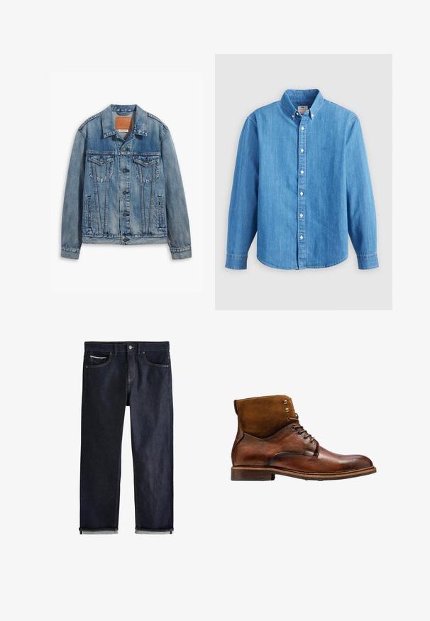Helle blaue Jeansjacke mit klassischem Design, Knopfverschluss, zwei Brusttaschen und einem Leder-Logo-Patch am Kragen.; Hellblaues Jeanshemd mit langen Ärmeln, button-down Kragen und weißen Knöpfen. Verfügt über ein kleines besticktes Logo auf der Brust.; Dunkelblaue Jeans aus Denim mit klassischem geradem Schnitt, fünf Taschen, Knopfverschluss und umgeschlagenen Bündchen, die eine hellblaue Innenseite zeigen.; Kazar ALID - Schnürstiefelette - brown