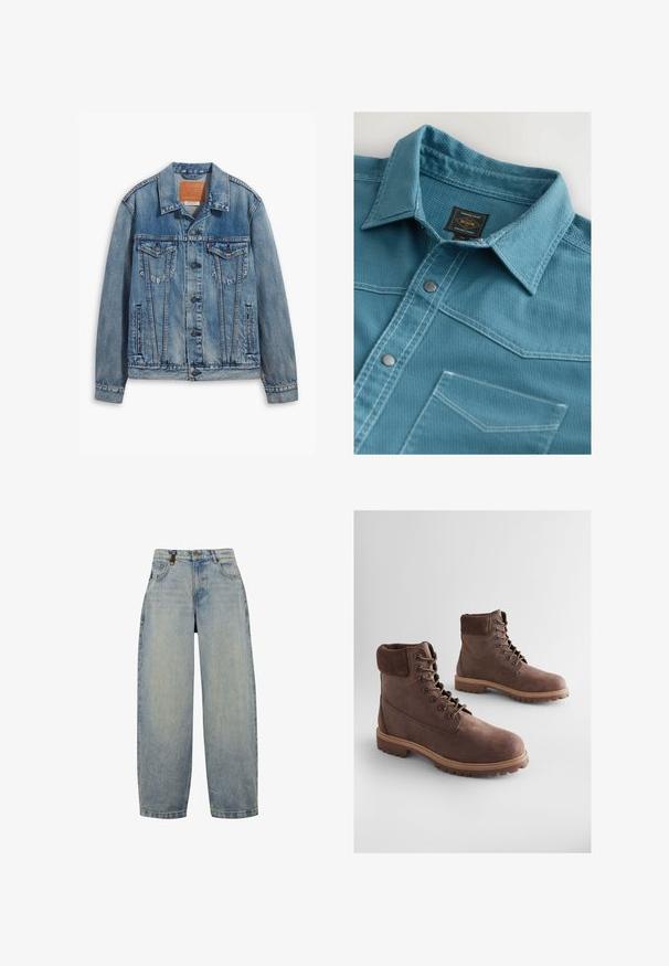 Helle blaue Jeansjacke mit klassischem Design, Knopfverschluss, zwei Brusttaschen und einem Leder-Logo-Patch am Kragen.; Türkises Hemd mit Knöpfen, das über einen strukturierten Stoff, einen spitzen Kragen und eine Brusttasche mit kontrastierendem weißen Nähten verfügt.; Hellblaue Jeans aus Denim mit lässiger Passform, featuring eine hohe Taille, weite Beine, klassischen Fünf-Taschen-Design und Akzente aus Metall.; Braune Leder-Stiefeletten mit strukturierter Oberfläche, gepolstertem Schaft, Metallösen und robustem Gummisohlen. Stilvolles Design für Langlebigkeit.