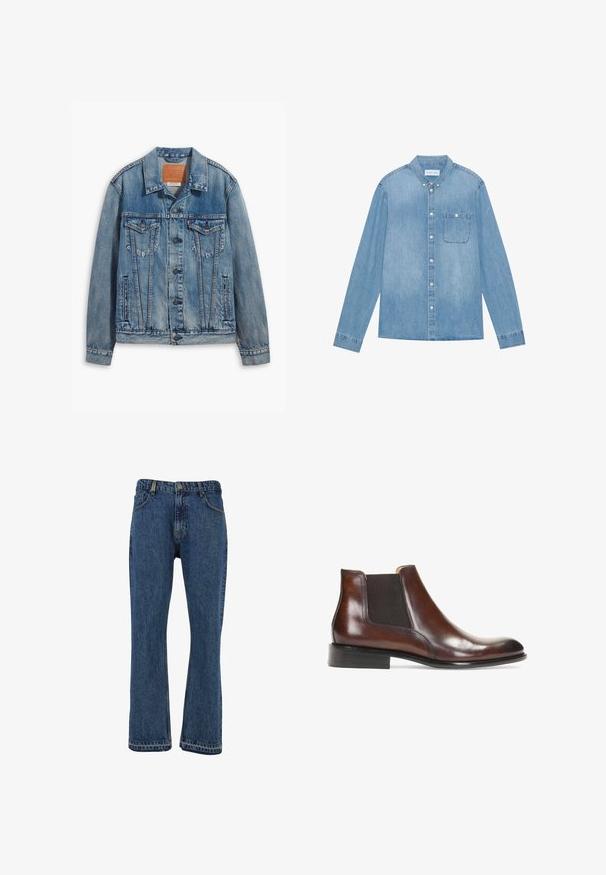 Helle blaue Jeansjacke mit klassischem Design, Knopfverschluss, zwei Brusttaschen und einem Leder-Logo-Patch am Kragen.; Hellblaues Denim-Hemd mit Knopfleiste, langen Ärmeln, spitzem Kragen, einer Brusttasche und dezentem Verblassen des Stoffes.; Blaue Denim-Jeans mit geradem Bein, klassischem Fünf-Taschen-Design und Metallbeschlägen. Genähter Saum mit einem leicht ausgewaschenen Finish.; Braune Leder-Stiefelette mit elastischen Seiteneinsätzen, glatter Oberfläche, genähten Details und einem niedrigen rechteckigen Absatz.