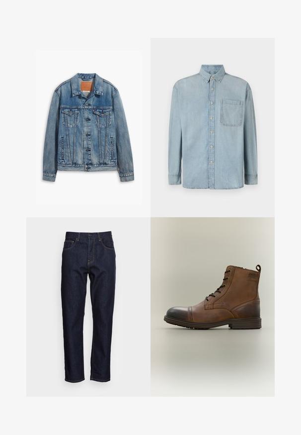 Lyseblå denimjakke med klassisk design, knaplukning, to brystlommer og en lædermærke ved kraven.; Lyseblå denimskjorte med lange ærmer, knaplukning foran og en enkelt brystlomme. Har en klassisk krave og standard manchetter.; Mørkeblå denimjeans med lige pasform, fem lommer og kontrasterende gul syning. Designet med en klassisk knap- og lynlåslukning.; Brun læderstøvle med snørebånd, sort tåhætte, rund sål og mærket detalje på siden mod ensfarvet baggrund.