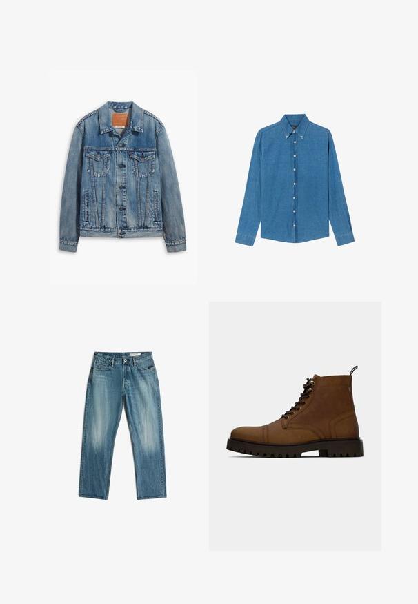 Helle blaue Jeansjacke mit klassischem Design, Knopfverschluss, zwei Brusttaschen und einem Leder-Logo-Patch am Kragen.; Blaue Denim-Hemd mit Button-down-Kragen, langen Ärmeln und Knöpfen vorne. Der Stoff hat eine strukturierte Oberfläche und einen klassischen Schnitt.; Blaue Straight-Leg-Denim-Jeans mit Vordertaschen, Gürtelschlaufen und ausgewaschenen Stellen an Oberschenkeln und Knien, flach auf weißem Hintergrund liegend.; Braune Leder Schnürstiefelette mit dickem schwarzem Profilsohle und Zugschlaufe auf weißem Hintergrund.