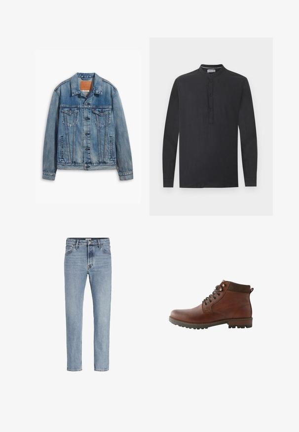 Helle blaue Jeansjacke mit klassischem Design, Knopfverschluss, zwei Brusttaschen und einem Leder-Logo-Patch am Kragen.; Schwarzes langärmeliges Hemd mit Mandarinkragen und Vier-Knopf-Leiste, dargestellt auf weißem Hintergrund.; Herrenhose aus hellblauem Denim mit geradem Bein, vorn mit Knopf- und Reißverschluss, Gürtelschlaufen und fünf Taschen.; Brauner Leder-Schnürstiefel mit dunkelbraun gepolstertem Schaft und robuster Sohle, im Seitenprofil auf weißem Hintergrund dargestellt.