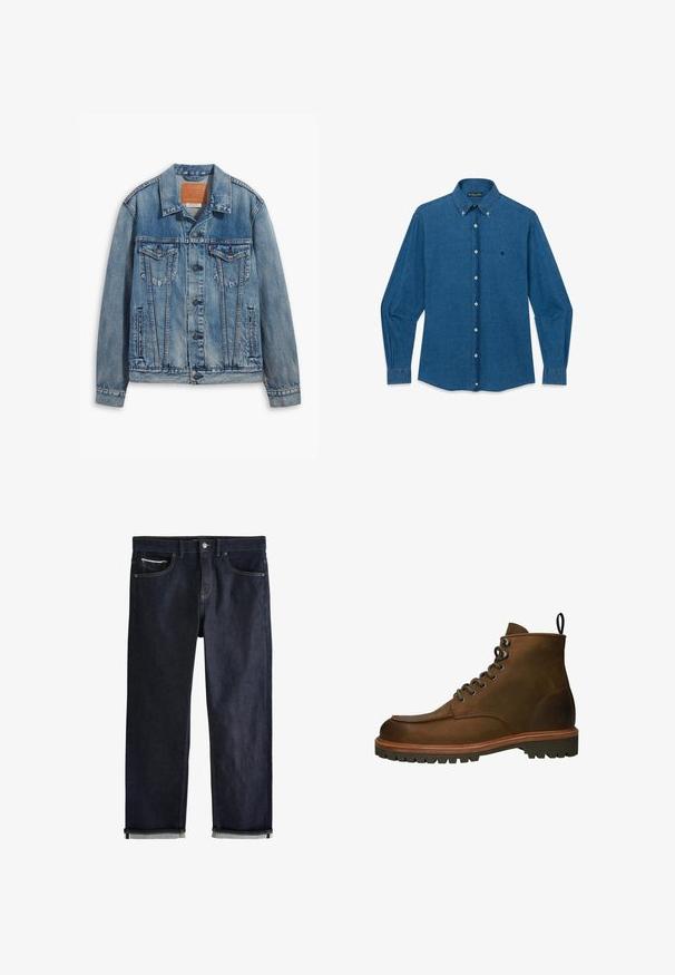 Helle blaue Jeansjacke mit klassischem Design, Knopfverschluss, zwei Brusttaschen und einem Leder-Logo-Patch am Kragen.; Blaues Jeanshemd mit langen Ärmeln, durchgehender Knopfleiste, spitzem Kragen und kleinem, gesticktem Logo auf der linken Brust.; Dunkelblaue Jeans aus Denim mit umgeschlagenen Bündchen, Knopf- und Reißverschluss, Vorder- und Münztaschen und kontrastierenden Nähten vor weißem Hintergrund.; Braune Leder-Stiefeletten mit runder Zehenform, metallenen Ösen und einer robusten Gummisohle. Enthält eine Zuglasche für ein einfaches An- und Ausziehen.