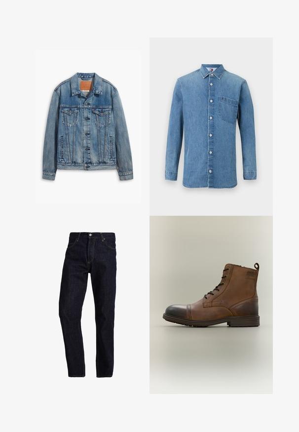 Light blue denim jacket featuring a classic design, button closure, two chest pockets, and a leather brand patch at the collar.; Light blue denim shirt with long sleeves, collar, front buttons, and a chest pocket. Features a small logo on the pocket. Smooth texture.; Dark blue denim jeans with a straight cut, featuring yellow stitching, five pockets, and a classic button and zipper closure.; Brown leather lace-up ankle boot with black toe cap, round sole, and branded detail on the side against plain background.