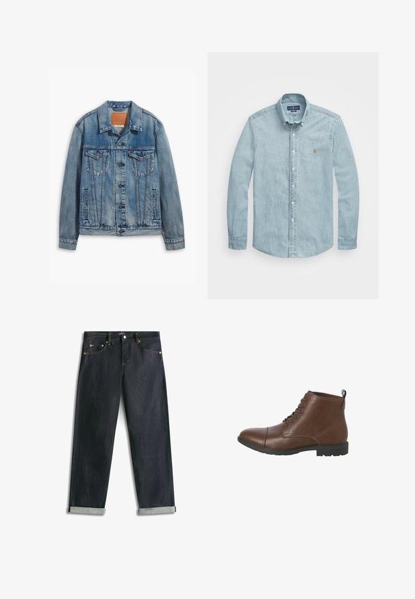 Lyseblå denimjakke med klassisk design, knaplukning, to brystlommer og en lædermærke ved kraven.; Lyseblå denimskjorte med knapkrave, lange ærmer og klassisk pasform. Fås med lille broderet emblem på venstre bryst.; Mørkeblå denimjeans med opsmøgede bukseben, fem lommer og kontrastsyning, lagt fladt på en hvid baggrund.; Brune læder ankelsko med afrundet tå, snørelukning, struktureret overflade og en sort gummisål. Har en lille hæl og en løftestrop.