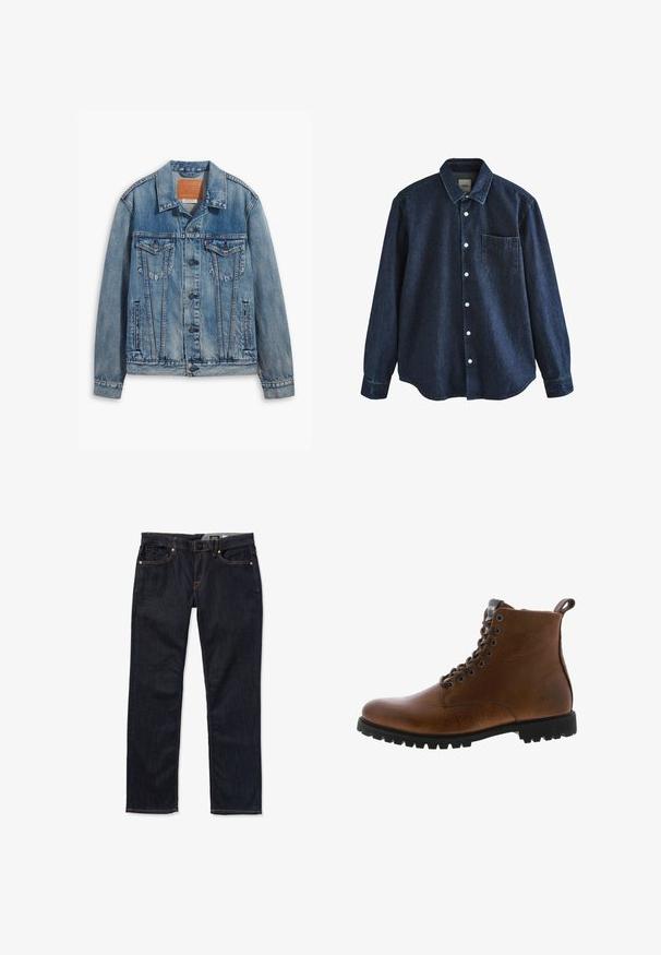 Lichtblauwe denimjack met een klassiek ontwerp, knoopsluiting, twee borstzakken en een leren merkpatch op de kraag.; Donkerblauw denim overhemd met lange mouwen, knopen, kraag en één borstzak, getoond tegen een witte achtergrond.; Donkerblauwe denim jeans met een rechte pijp, voorzien van vijf zakken, oranje stiksels en een knoopsluiting bij de taille.; Bruine leren enkelbotten met een gestructureerde afwerking, metalen oogjes en een zwarte rubberen profielzool. Voorzien van een trekband aan de achterkant voor gemakkelijke instap.
