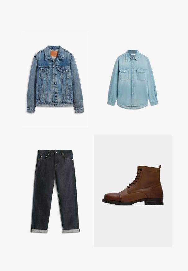 Helle blaue Jeansjacke mit klassischem Design, Knopfverschluss, zwei Brusttaschen und einem Leder-Logo-Patch am Kragen.; Hellblaues Denim-Hemd mit langen Ärmeln, zwei Brustklappentaschen, Knopfleiste vorne und spitzem Kragen.; Dunkelblaue Denim-Jeans mit umgeschlagenen Bündchen, fünf Taschen und kontrastierender Naht, flach auf weißem Hintergrund liegend.; Jack & Jones JFWSHAUN BOOT - Schnürstiefelette - cognac