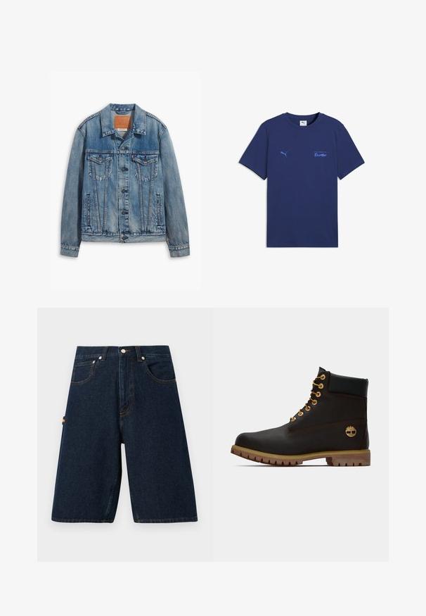 Helle blaue Jeansjacke mit klassischem Design, Knopfverschluss, zwei Brusttaschen und einem Leder-Logo-Patch am Kragen.; Marineblaues kurzärmeliges T-Shirt mit Puma-Logo auf der linken Brust und "Porsche turbo" Schriftzug auf der rechten Brust.; Dunkelblaue Jeansshorts mit lockerem Schnitt, Fünf-Taschen-Design und kontrastierenden orangefarbenen Nähten. Verfügt über einen klassischen Knopf- und Reißverschluss.; Schwarze Leder-Ankle-Boots mit goldenen Ösen, braunen Akzenten und einer Gummisohle. Verfügt über einen gepolsterten Schaft und ein geprägtes Logo an der Seite.