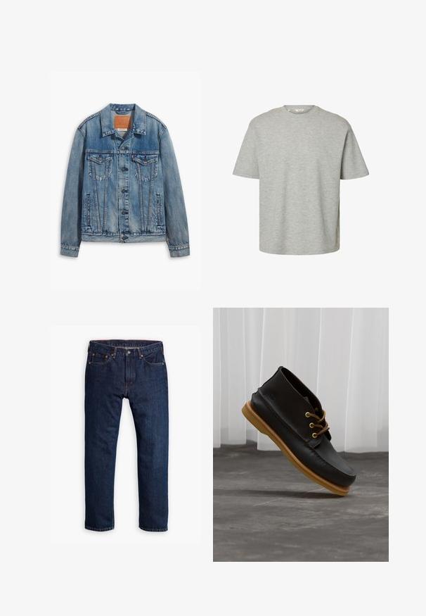 Light blue denim jacket featuring a classic design, button closure, two chest pockets, and a leather brand patch at the collar.; Light grey short-sleeve crew neck t-shirt with a loose fit and soft cotton fabric.; Person wearing dark blue straight-leg jeans, white sneakers, and an olive green sweatshirt, hands in pockets, standing against gray background.; Black leather shoes with a smooth finish, round toe, brown laces, and light brown rubber soles. Logo embossed on the side.