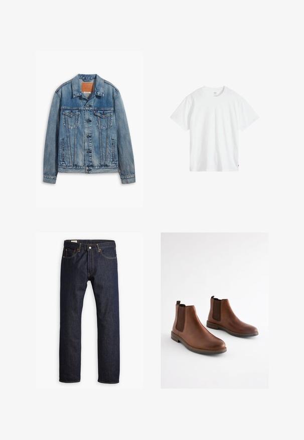 Helle blaue Jeansjacke mit klassischem Design, Knopfverschluss, zwei Brusttaschen und einem Leder-Logo-Patch am Kragen.; Weißes Baumwoll-T-Shirt mit Rundhalsausschnitt, kurzen Ärmeln und lockerer Passform. Verfügt über ein kleines Markenschild unten links.; Dunkelblaue Jeans aus Denim mit geradem Bein, orangefarbener Naht und Fünf-Taschen-Stil sowie einer Metallknopfverschluss.; Braune Leder-Stiefeletten mit elastischen seitlichen Einsätzen, einer abgerundeten Spitze und einem gestapelten Absatz. Glatte Textur mit kontrastierenden braunen Akzenten.