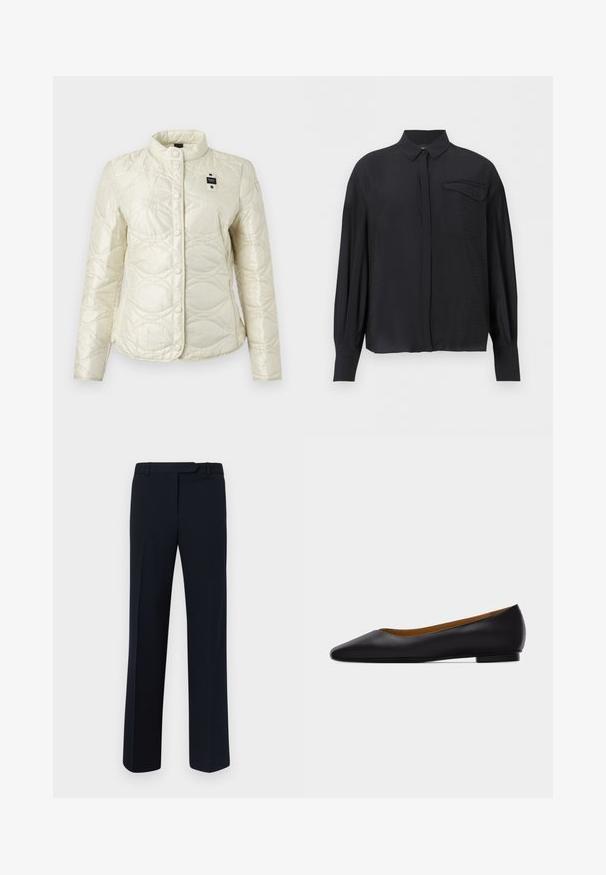 Veste matelassée blanche avec fermeture à boutons-pression, col montant, motif discret de points ondulés, et une petite étiquette noire et blanche sur la poitrine.; Chemise noire à manches longues avec col et poche à rabat boutonnée sur la poitrine gauche, présentée sur un fond blanc.; Pantalons ajustés navy en tissu lisse, avec une coupe droite, des passants de ceinture et des détails de pince à l'avant.; Chaussure plate en cuir noir à bout pointu avec talon bas et finition lisse, vue de côté sur un fond gris clair.