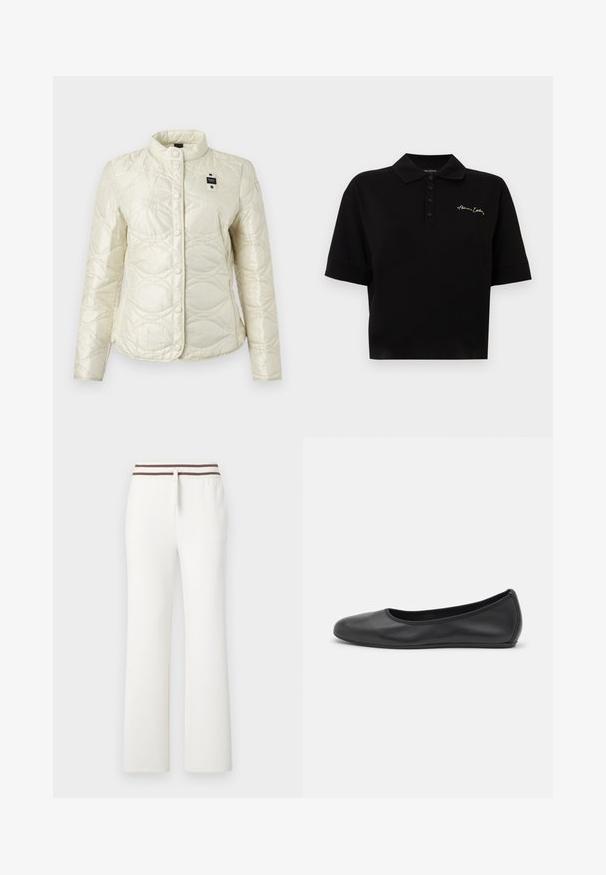 Veste matelassée blanche avec fermeture à boutons-pression, col montant, motif discret de points ondulés, et une petite étiquette noire et blanche sur la poitrine.; Polo noir à manches courtes avec col, patte à quatre boutons et petit logo "Armani Exchange" en cursive sur le côté gauche de la poitrine.; Pantalon de survêtement blanc à jambes droites avec une ceinture élastique à rayures marron et un cordon de serrage à l'avant sur un fond uni.; Ballerines en cuir noir avec un bout rond, texture lisse, détails de couture minimalistes et design de semelle flexible.