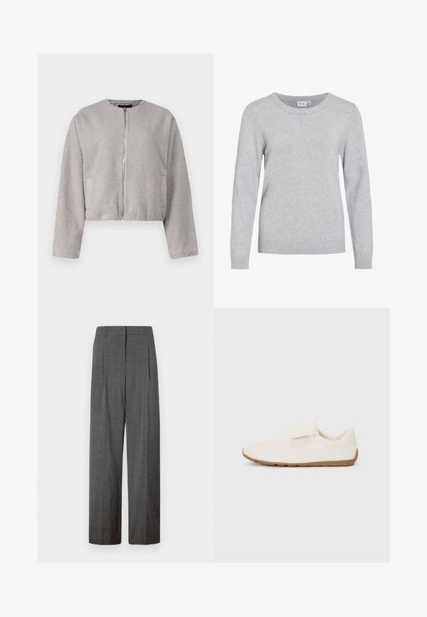 Veste grise courte en tissu doux et texturé, avec un col rond, une fermeture éclair à l'avant et deux poches latérales.; Pull gris clair avec un col rond, des manches longues, des poignets et un ourlet côtelés. Fabriqué en tissu doux et texturé. Étiquette de la marque visible à l'intérieur du col.; Vero Moda VMSIKITA WIDE DAD PANT - Pantalon classique - medium grey/black; Baskets blanches avec une tige lisse, fermeture à lacets et velcro, et semelle en caoutchouc marron. Présente des accents de design perforés sur le côté.