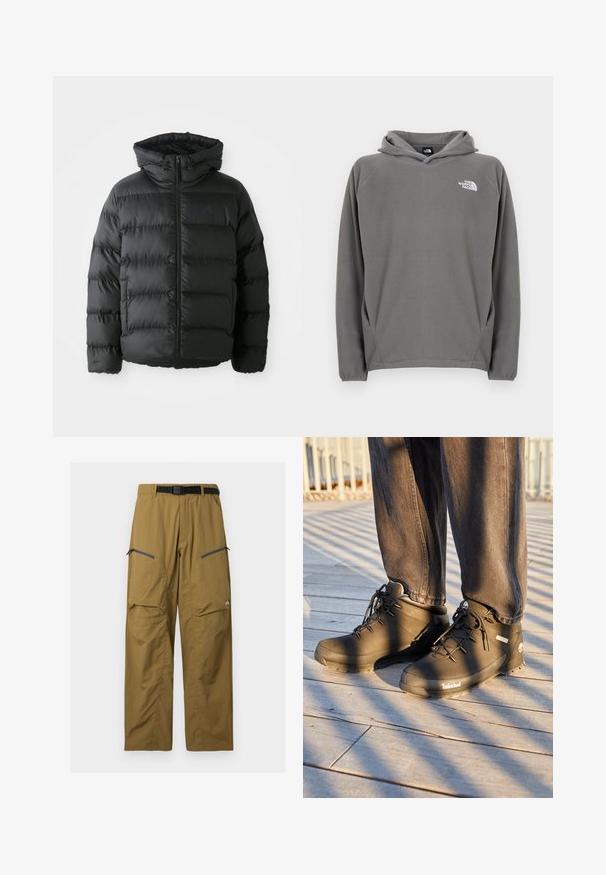 Veste doudoune noire avec une fermeture éclair sur le devant, capuche et sections horizontales cousues. Présente une surface texturée et un accent logo sur la poitrine.; Sweat à capuche en polaire grise avec une poche avant, une capuche à cordon de serrage ajustable et un petit logo blanc sur le côté gauche de la poitrine.; Pantalon de plein air kaki avec ceinture noire réglable, deux poches zippées sur les cuisses et coutures au niveau des genoux, présenté sur un fond uni.; Des bottes de randonnée Timberland noires présentent un design montante, une surface texturée et des lacets ronds, le tout sur un fond de sol en bois.