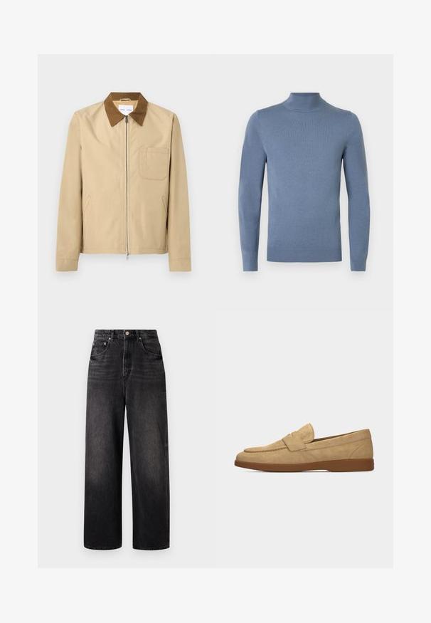 Veste beige à fermeture éclair avec col marron, manches longues, poche poitrine à gauche et deux poches latérales.; Pull à col roulé bleu clair en tissu tricoté, avec manches longues, col et ourlet côtelés. Design simple sans motifs visibles.; Jeans en denim noir avec une coupe ample, taille haute, cinq poches et une fermeture à bouton visible. Présente un délavage subtil et une coupe droite.; Mocassin pour homme en daim beige avec une semelle en caoutchouc marron et un détail de sangle sur le dessus, vu de profil sur un fond uni.