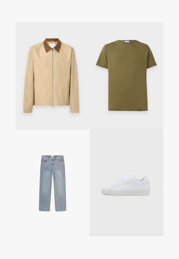 Veste beige à fermeture éclair avec col marron, manches longues, poche poitrine à gauche et deux poches latérales.; T-shirt en coton uni vert olive à manches courtes, col rond, avec une étiquette de marque blanche visible à l'intérieur du col.; Jean en denim bleu clair avec une coupe droite, un design à cinq poches et une finition délavée. Comprend une fermeture avec bouton et zip.; Baskets basses en cuir blanc avec bout rond, lacets plats, semelle texturée et logo discret doré sur le côté. Surface lisse et design minimaliste.