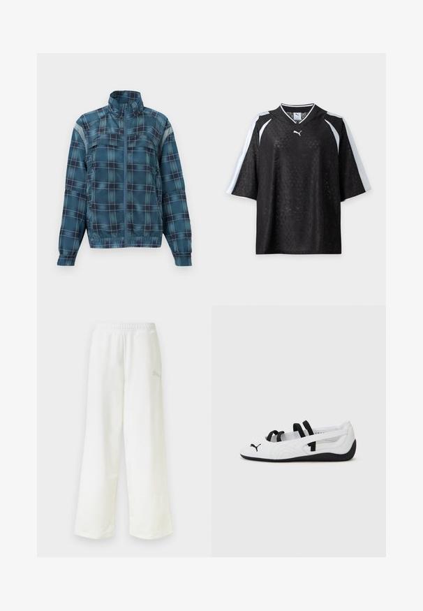 Veste zippée à carreaux bleus et noirs avec col haut, manches longues, ourlet élastique et patchs réfléchissants sur les bras supérieurs.; Maillot Puma noir à manches courtes avec une texture subtilement imprimée et des bandes blanches sur les épaules et les manches, présenté sur un fond blanc.; Pantalon de survêtement blanc à coupe ample avec une taille élastique et un logo discret sur le côté de la cuisse droite.; Baskets de sport blanches avec des accents noirs, présentant un bout arrondi, des brides élastiques et une semelle en caoutchouc texturée. Logo Puma à l'avant.