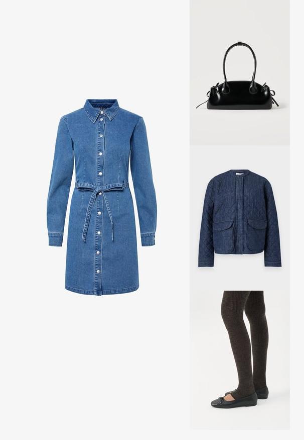 Tume sinine tikanditega teksajakk. Omab ümmargust kaelust, esi lukk ja kahte suurt klappi taskut. Sile tekstuur koos nähtava õmblusega.; Denimkleit kraega, pikkade varrukatega, ees nupuklõikega ja nööridega vöökohaga. Omab helesinist värvi ja pehmet tekstuuri.; Jalad seljas tumedad soonelises soonelises kombines mustade baleriinadega, millel on väikesed paelade detailid valgel taustal.; Väike must läikiv käekott kahe pika sangaga ja külgedel paelakinnitustega, ühel lihtsal helel taustal.