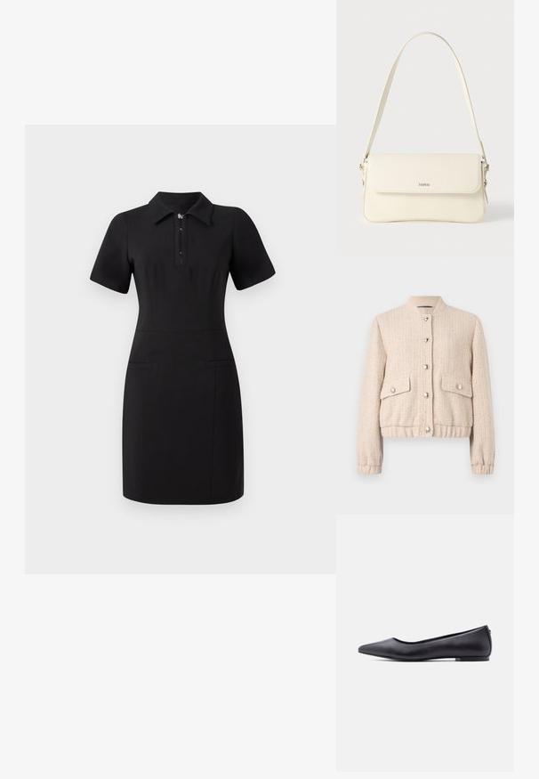 Veste bomber en tweed crème avec un col rond côtelé, des boutons argentés, deux poches avant et des poignets et un ourlet côtelés.; Robe noire avec un col, des manches courtes et une fermeture éclair à l'avant. Dispose de deux poches avant et d'une coupe ajustée. Texture lisse.; Chaussure plate en cuir noire à bout pointu avec petit talon, vue de profil sur fond blanc.; Sac à bandoulière en cuir couleur crème avec fermeture à rabat, quincaillerie argentée, une bandoulière réglable et un logo discret.