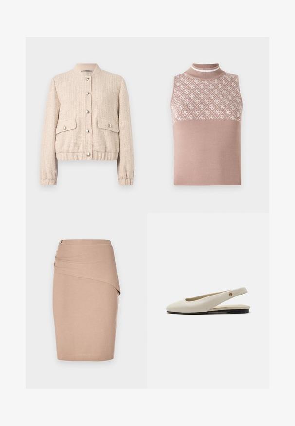 Veste bomber en tweed crème avec un col rond côtelé, des boutons argentés, deux poches avant et des poignets et un ourlet côtelés.; Top en maille sans manches de couleur beige clair avec une section supérieure texturée et à motifs, et un col montant ajusté. Présente une partie inférieure lisse et unie.; Jupe crayon beige à mi-longueur, en tissu côtelé, dotée d'un design drapé à l'avant et d'une fermeture éclair sur le côté en argent. Texture lisse.; Chaussure plate slingback en cuir couleur crème avec un bout arrondi et un petit emblème doré sur la bride.
