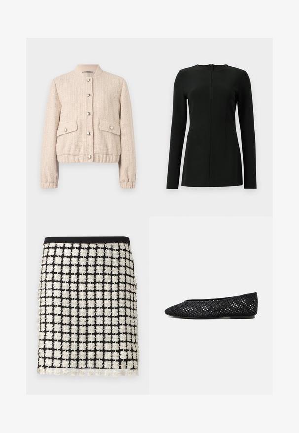 Chaqueta bomber de tweed crema con cuello redondo de canalé, botones plateados, dos bolsillos frontales y puños y dobladillo de canalé.; Top negro de manga larga con cuello alto, detalle de costura en la parte delantera y cierre de cremallera en la parte posterior. Fabricado con una tela suave y elástica.; Falda negra con un patrón de rejilla de flores blancas bordadas y una cinturilla negra sólida, dobladillo ligeramente ondulado.; Zapato plano de malla negra con puntera cerrada y tacón bajo, con un diseño tejido transpirable y un logo lateral sutil.