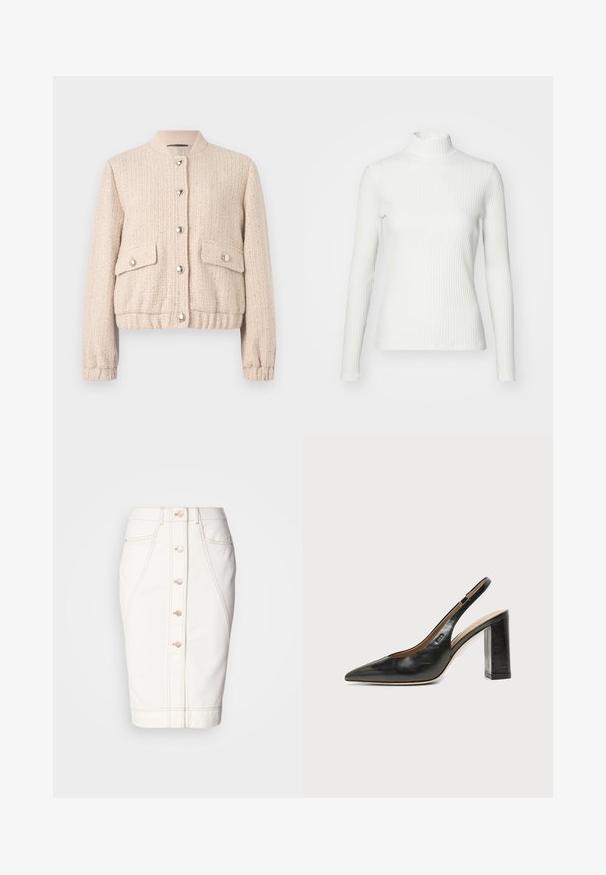 Veste bomber en tweed crème avec un col rond côtelé, des boutons argentés, deux poches avant et des poignets et un ourlet côtelés.; Haut col roulé blanc à côtes avec des manches longues, fabriqué en tissu extensible. Présente un design ajusté et un encolure haute pour plus de couverture.; Jupe en denim blanc avec un bouton à l'avant, couture visible et une silhouette crayon. Pas de poches visibles. Texture lisse.; Chaussure slingback en cuir noir à bout pointu avec un talon bloc haut et une doublure intérieure beige sur un fond clair uni.