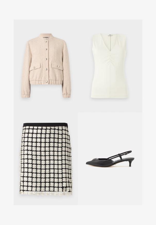 Veste bomber en tweed crème avec un col rond côtelé, des boutons argentés, deux poches avant et des poignets et un ourlet côtelés.; Top sans manches avec un décolleté en V, fabriqué en tissu crème léger. Présente des détails froncés au centre et une silhouette ajustée.; Jupe noire avec un motif en grille de fleurs blanches brodées et une taille noire unie, ourlet légèrement festonné.; Chaussures noires à talon slingback avec un bout pointu, en matériau lisse, dotées d'un petit talon et d'un accent décoratif en argent sur le dessus.
