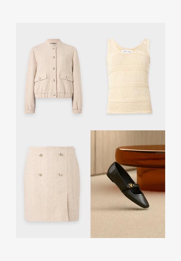 Crème tweed bomberjack met een ronde ribgebreide kraag, zilveren knopen, twee voorzakken en ribgebreide manchetten en zoom.; Gebreide, mouwloze tanktop in crèmekleur met een gestructureerd horizontaal streeppatroon en een ronde halslijn.; Beige textured rok met een geweven patroon, voorzien van twee opvallende zilveren knopen aan de voorkant en een licht asymmetrische zoom.; Zwarte leren platte schoen met puntige neus en gouden CK-logo op het bandje, geplaatst op een beige tapijt bij een ronde amberbruine tafel.