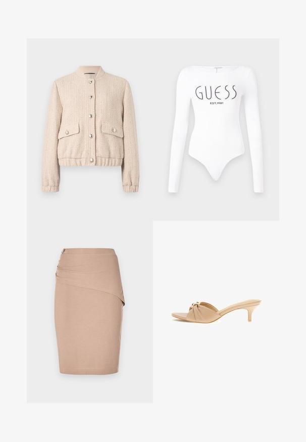 Creme farvet tweed bomberjakke med rund ribbet krave, sølvknapper, to frontlommer samt ribbede mansjetter og kant.; Hvid langærmet bodystocking med rund halsudskæring. Har "GUESS" logo og "EST.1981" trykt i sort på forsiden. Glat tekstur.; Beige knælang blyantskørt, lavet af ribbet stof, med en draperet forside og en sølvfarvet lynlåsdetalje i siden. Glat tekstur.; Beige åben tå mule med snoet øvre rem og lille kitten-hæl, med en guldfarvet dekorativ detalje foran.