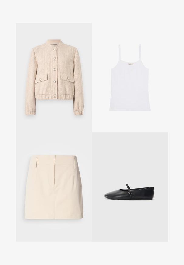 Cremefarbener Tweed-Bomberjacke mit runden, gerippten Kragen, silbernen Knöpfen, zwei vorderen Taschen sowie gerippten Bündchen und Saum.; Weißes Calvin Klein Damen-Top mit dünnen Schulterträgern und einfachem, figurbetontem Design.; Calvin Klein Jeans SKIRT - A-Linien-Rock - fog; Schwarze Leder-Ballettschuhe mit spitzem Schuhzeug, flacher Sohle und einem kleinen Riemen mit silberner Schnalle.