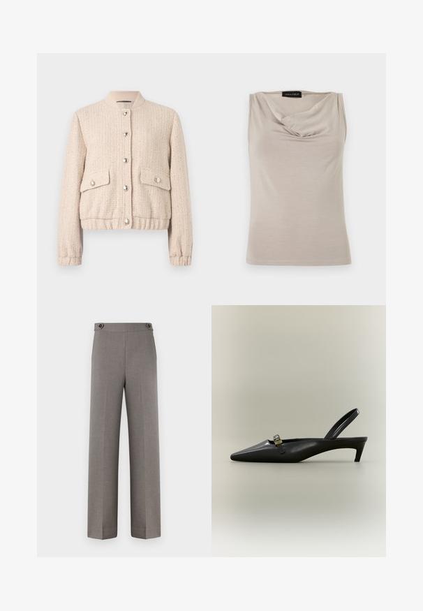Chaqueta bomber de tweed crema con cuello redondo de canalé, botones plateados, dos bolsillos frontales y puños y dobladillo de canalé.; Top beige sin mangas para mujer con escote drapeado, hecho de tela suave, con la etiqueta "Anna Field" en el interior del cuello.; Pantalones grises con una textura suave, diseño de pierna ancha y dos botones decorativos en la cintura. Líneas limpias y ajustadas, sin patrones.; Zapato de tacón bajo tipo kitten en piel negra con talón descubierto, punta puntiaguda y hebilla pequeña color dorado sobre un fondo liso.