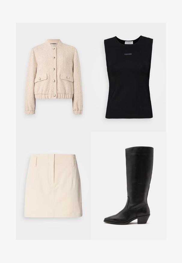 Creme farvet tweed bomberjakke med rund ribbet krave, sølvknapper, to frontlommer samt ribbede mansjetter og kant.; Sort ærmeløs top lavet af glat stof. Har en rund halsudskæring og et lille Calvin Klein-logo i midten. Simpelt og tætsiddende design.; Calvin Klein Jeans SKIRT - A-snit nederdel - fog; Sort læderstøvle til midtkalv med spids tå og lavt skråt hæl på en enkel lys baggrund.