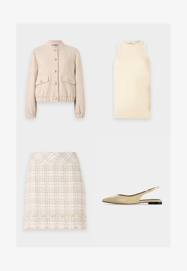 Creme farvet tweed bomberjakke med rund ribbet krave, sølvknapper, to frontlommer samt ribbede mansjetter og kant.; Lys beige ærmeløs top lavet af ribbet stof, med en rund halsudskæring og tætsiddende design. Glat tekstur med minimale sømme.; Vævet tweednederdel i crema og beige med en struktureret finish, der har en lige snit og frynset kant for ekstra detaljer.; Beige spids tå slingback flad sko med lav sort hæl og en glat læderfinish, vist fra siden på en ensfarvet baggrund.