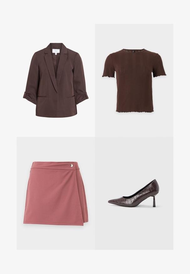 Blazer marron sur mesure avec revers crantés et manches trois-quarts retroussées, avec deux poches fendues à l'avant et une étiquette VILA à l'intérieur du col.; Haut marron en maille côtelée à manches courtes avec un col rond et des bords festonnés aux manches et à l'ourlet, présenté sur un fond clair uni.; Jupe portefeuille courte en rose poussiéreux avec un petit bouton argenté près de la ceinture sur un fond clair uni.; Escarpins à bout pointu en similicuir marron avec une texture crocodile, dotés d’un talon fin et angulaire ainsi que d’une doublure intérieure lisse.