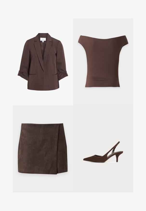 Blazer marron sur mesure avec revers crantés et manches trois-quarts retroussées, avec deux poches fendues à l'avant et une étiquette VILA à l'intérieur du col.; Haut marron ajusté à épaules dénudées avec manches courtes et encolure droite sur fond blanc.; Mini-jupe en daim marron foncé avec détail de panneau avant asymétrique, taille plate et ourlet droit sur fond uni.; Escarpin slingback en daim brun foncé avec bout pointu et talon kitten sur un fond clair uni.