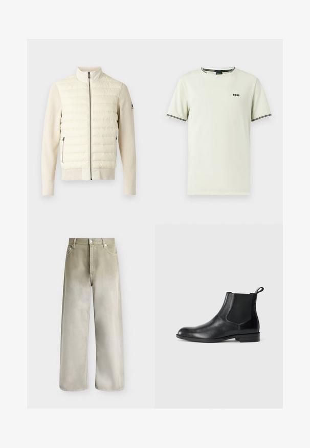 Doudoune de couleur claire avec un col montant, un devant matelassé, des manches en tricot côtelé et deux poches latérales zippées. Texture lisse dans l'ensemble.; T-shirt à manches courtes en coton beige clair, avec un col rond, un logo noir, et des rayures contrastantes noires et blanches sur le col et les manches.; Jean beige et gris clair à jambes larges, avec poches avant, passants de ceinture et fermeture par bouton.; Bottine en cuir noir avec des panneaux latéraux élastiques, bout rond et tirette. Texture lisse, semelle plate, design minimaliste.